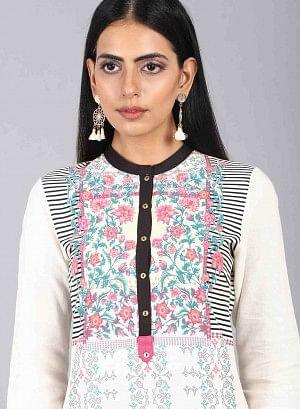 White &amp; Pink Floral Print kurta - wforwoman