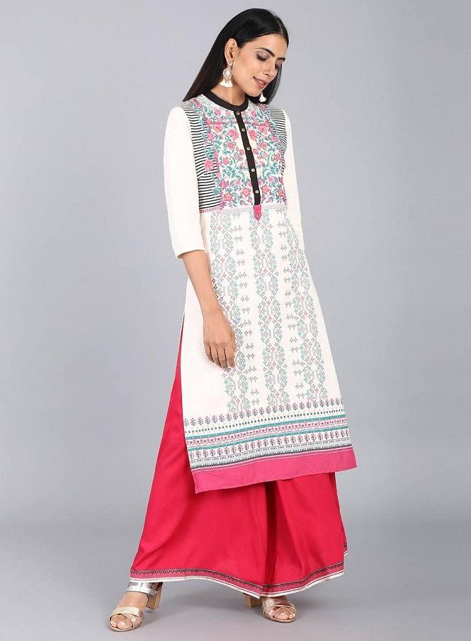 White &amp; Pink Floral Print kurta - wforwoman