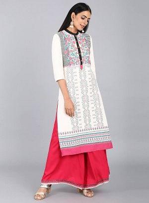 White &amp; Pink Floral Print kurta - wforwoman