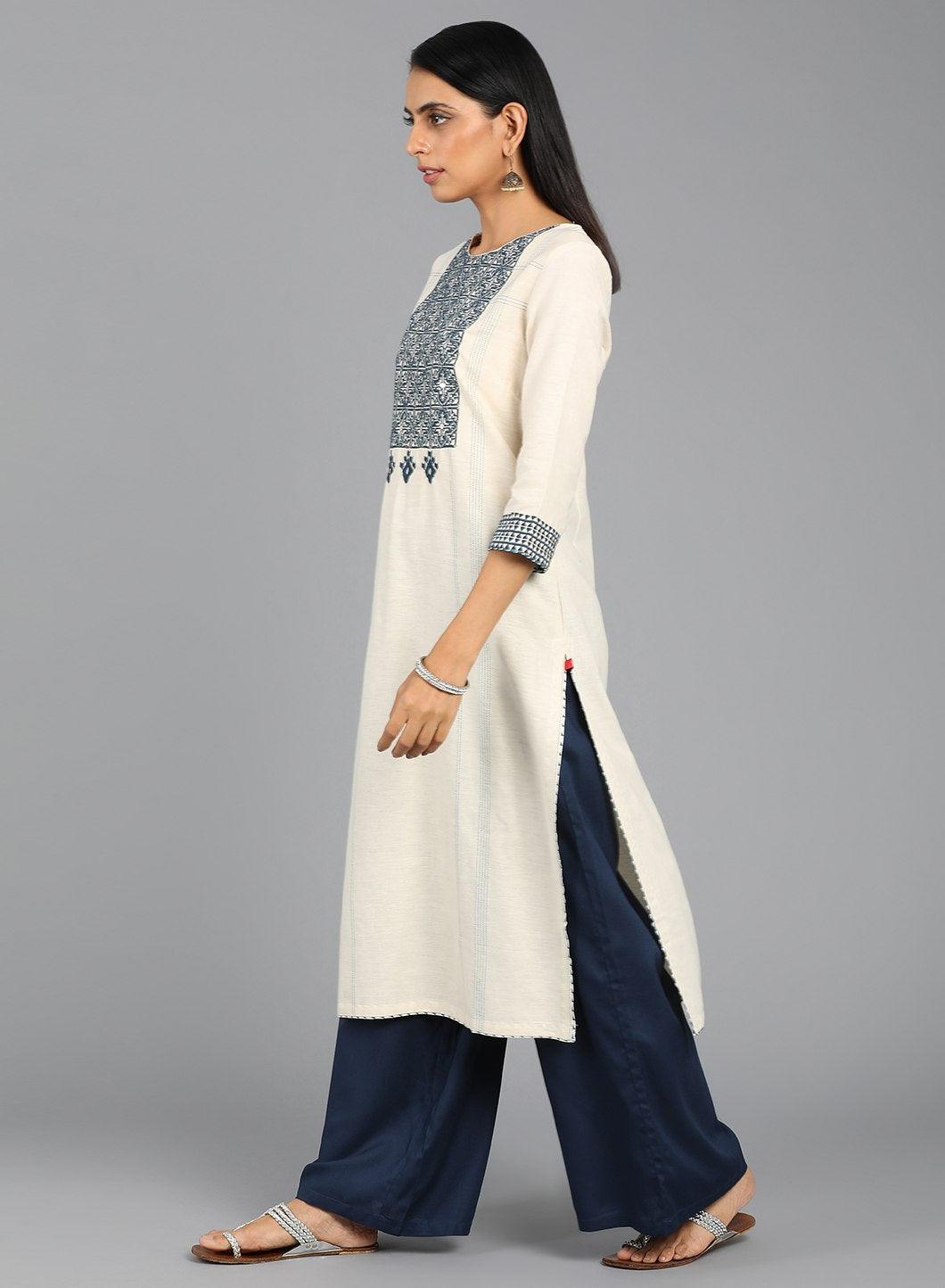 Off-White Round Neck Embroidered kurta - wforwoman