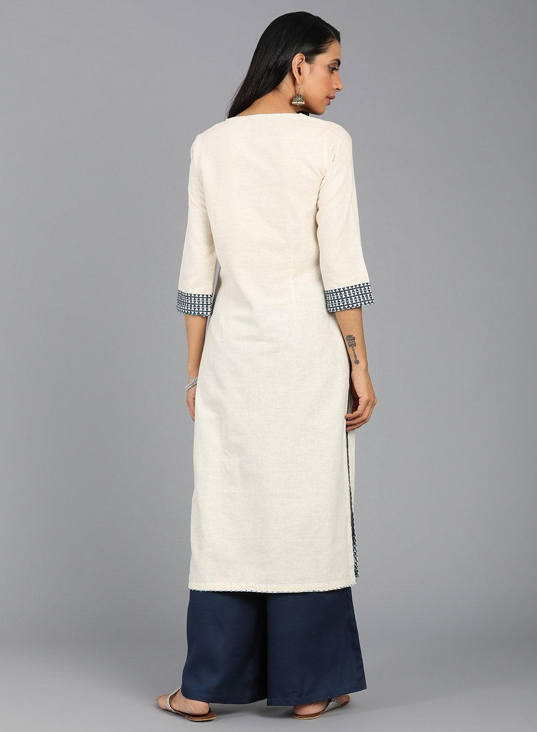 Off-White Round Neck Embroidered kurta - wforwoman