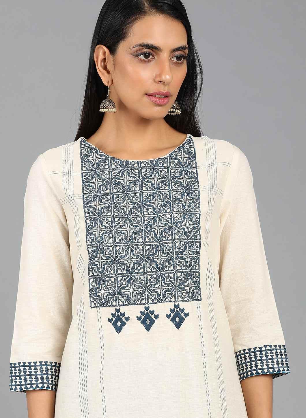 Off-White Round Neck Embroidered kurta - wforwoman