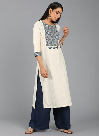 Off-White Round Neck Embroidered kurta - wforwoman