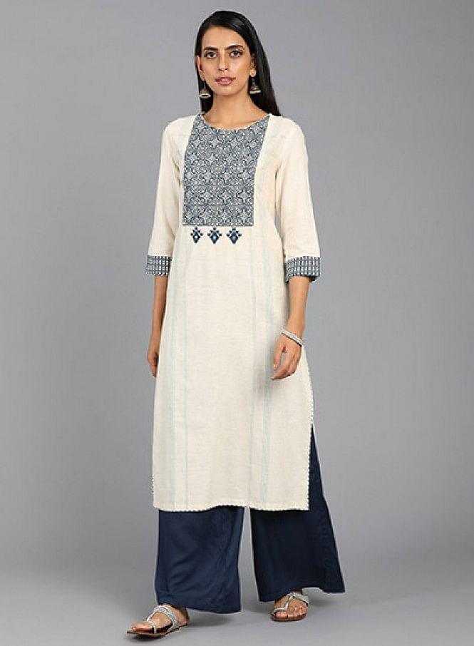 Off-White Round Neck Embroidered kurta - wforwoman