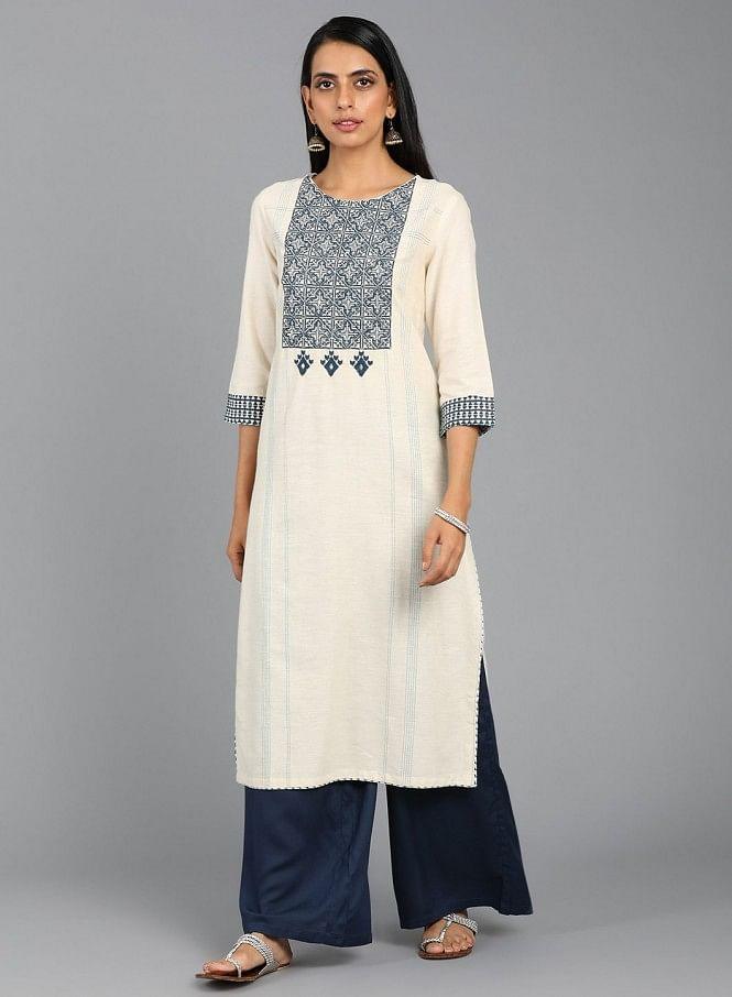 Off-White Round Neck Embroidered kurta - wforwoman