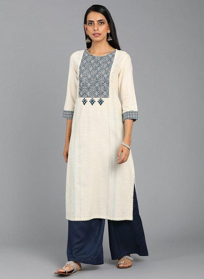 Off-White Round Neck Embroidered kurta - wforwoman