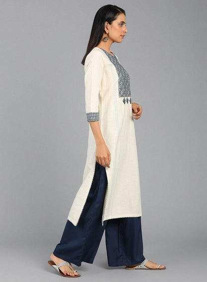 Off-White Round Neck Embroidered kurta - wforwoman