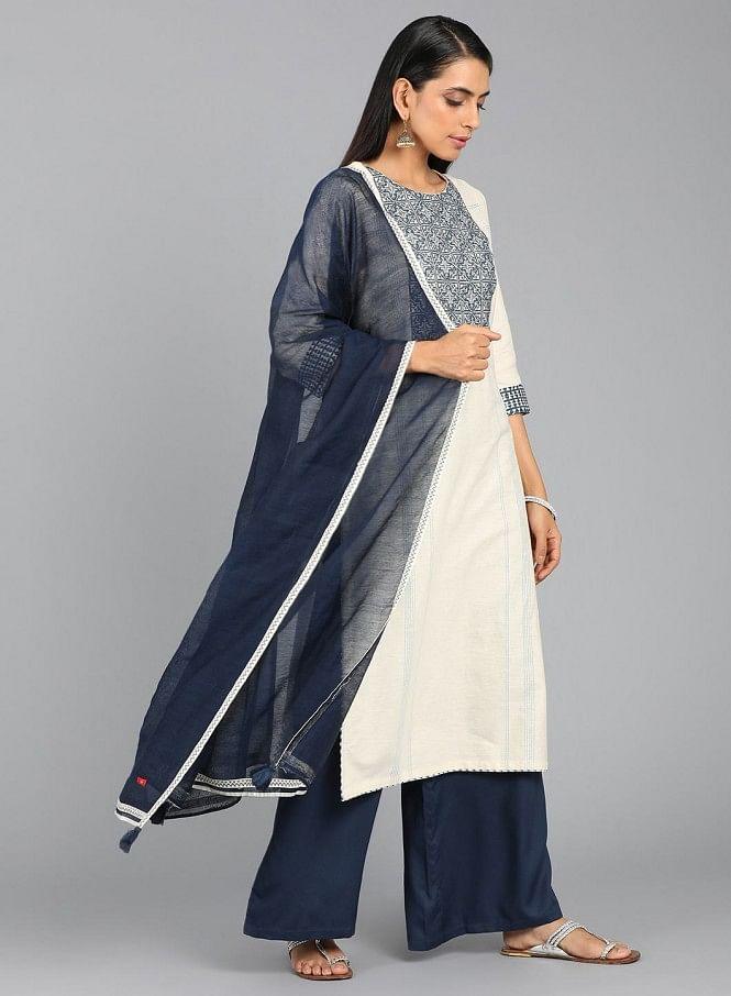 Off-White Round Neck Embroidered kurta - wforwoman