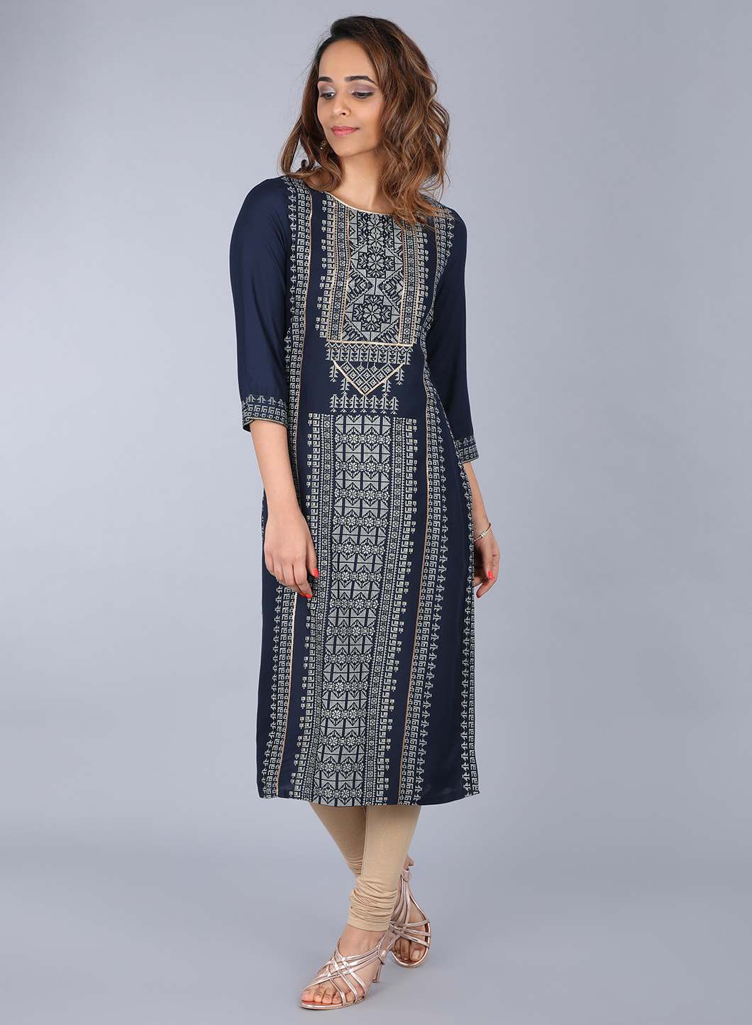 Blue Round Neck Printed kurta