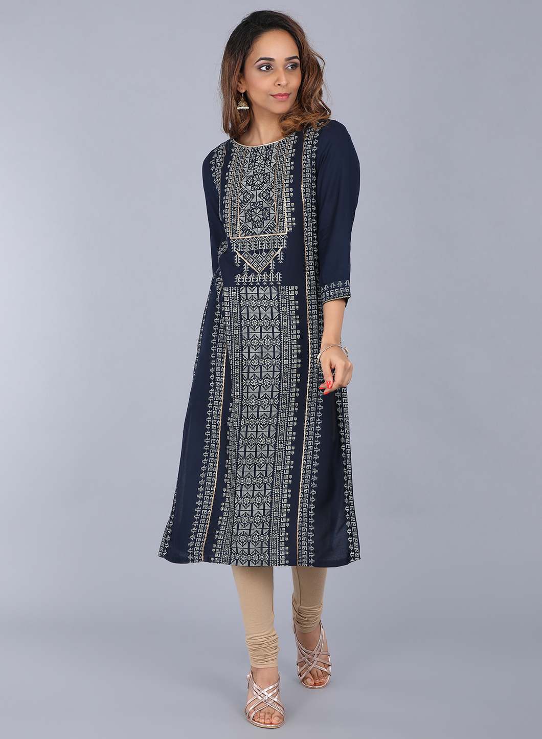 Blue Round Neck Printed kurta