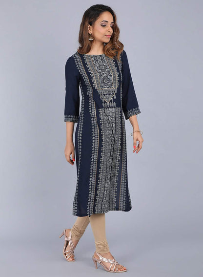 Blue Round Neck Printed kurta