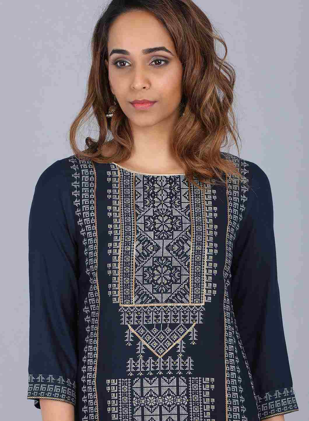 Blue Round Neck Printed kurta