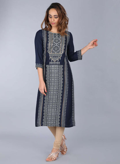 Blue Round Neck Printed kurta