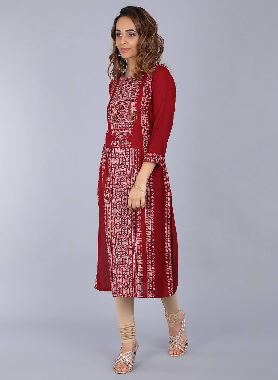 Maroon Round Neck Printed kurta