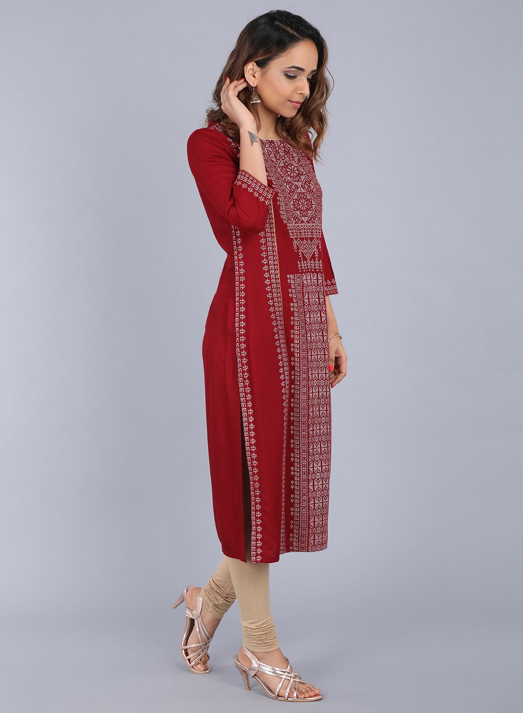 Maroon Round Neck Printed kurta