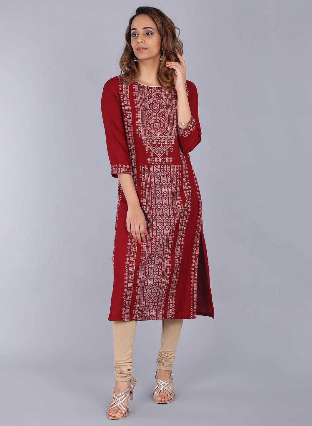 Maroon Round Neck Printed kurta