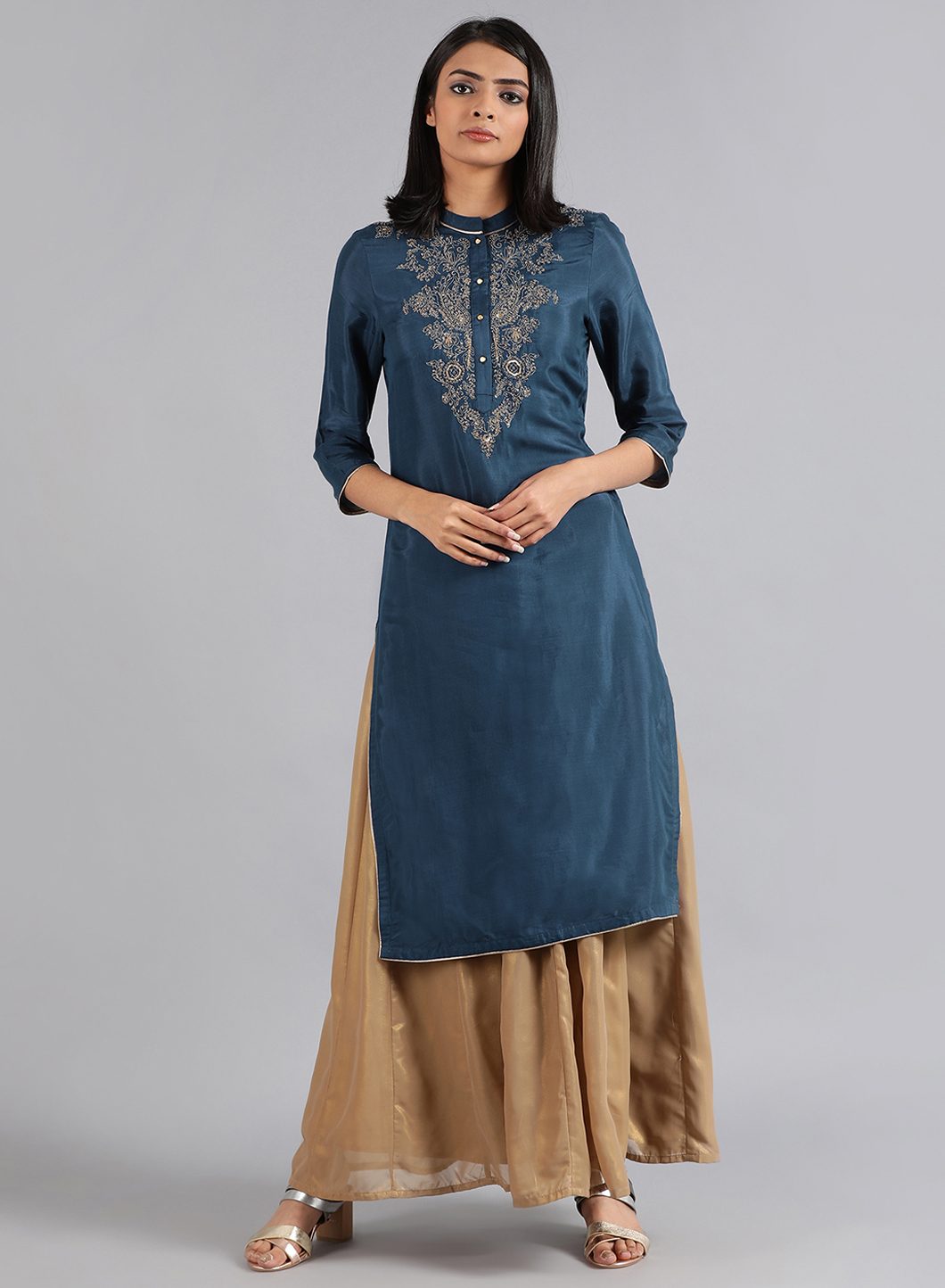 Blue Mandarin Neck Solid kurta