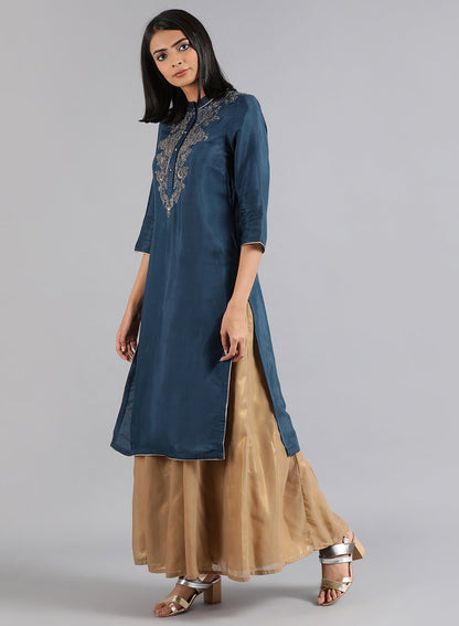 Blue Mandarin Neck Solid kurta