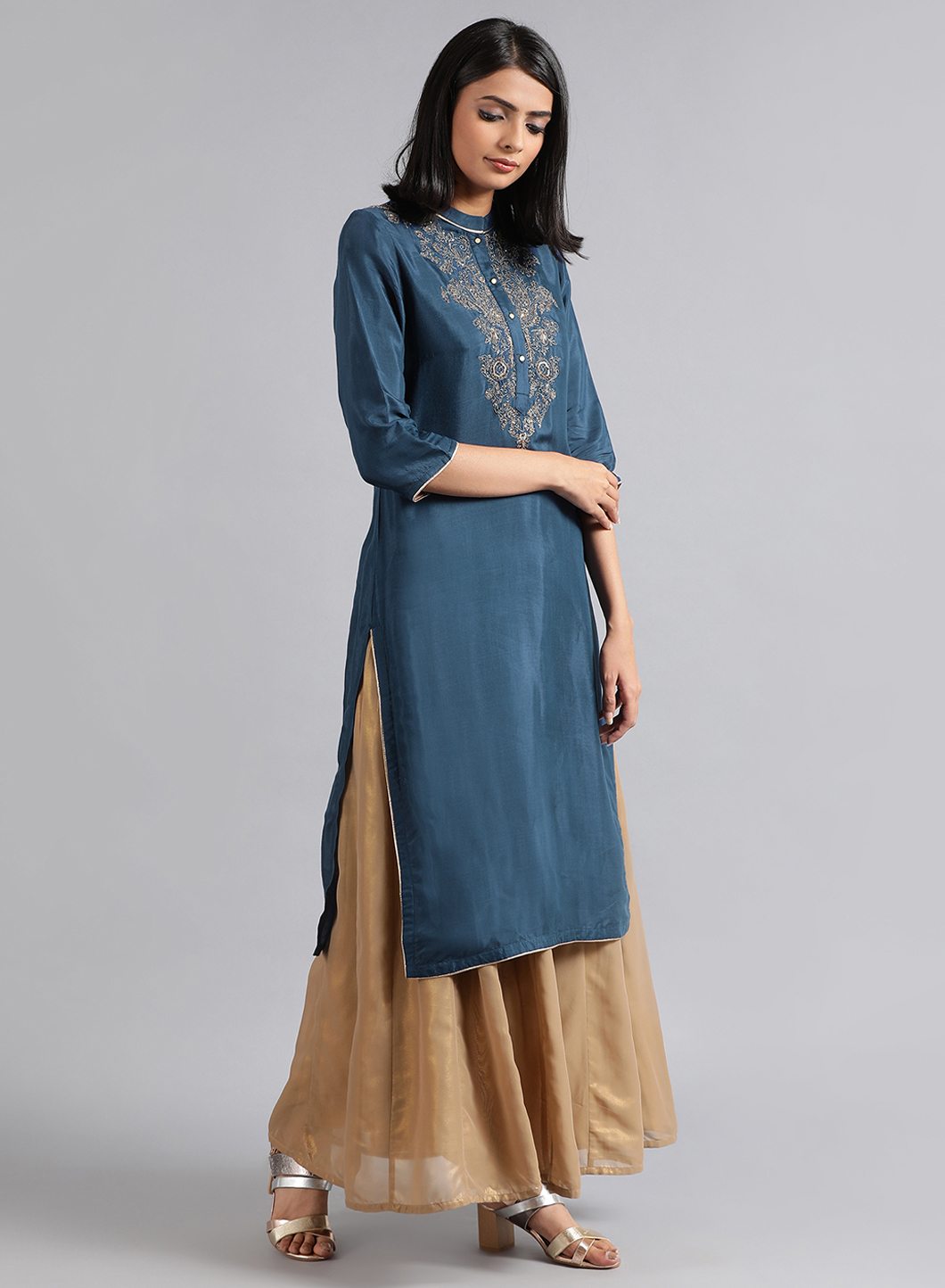 Blue Mandarin Neck Solid kurta