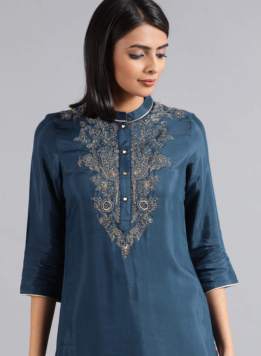 Blue Mandarin Neck Solid kurta