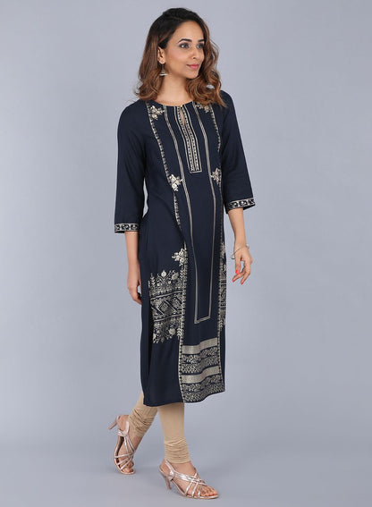 Blue Round Neck Embellished kurta