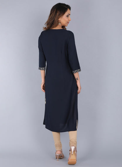 Blue Round Neck Embellished kurta