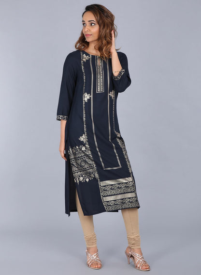 Blue Round Neck Embellished kurta