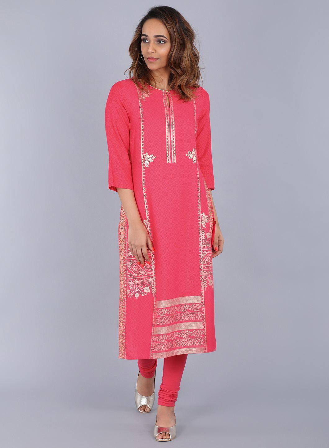 Pink Round Neck Embellished kurta - wforwoman