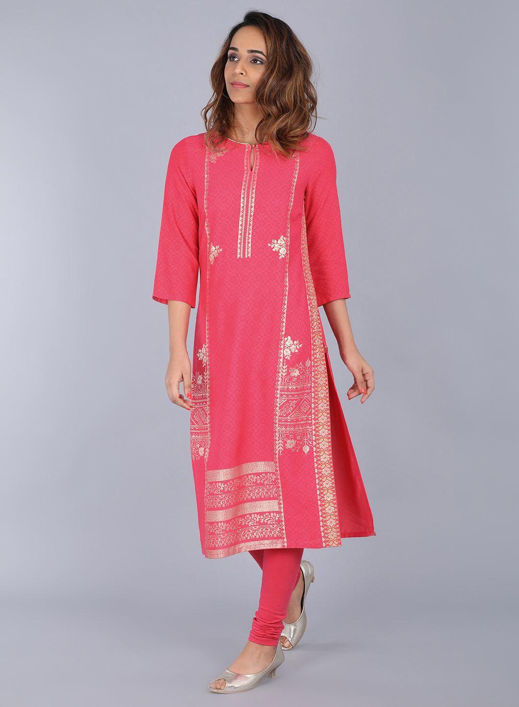 Pink Round Neck Embellished kurta - wforwoman