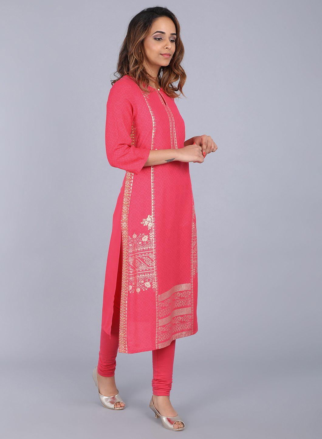 Pink Round Neck Embellished kurta - wforwoman