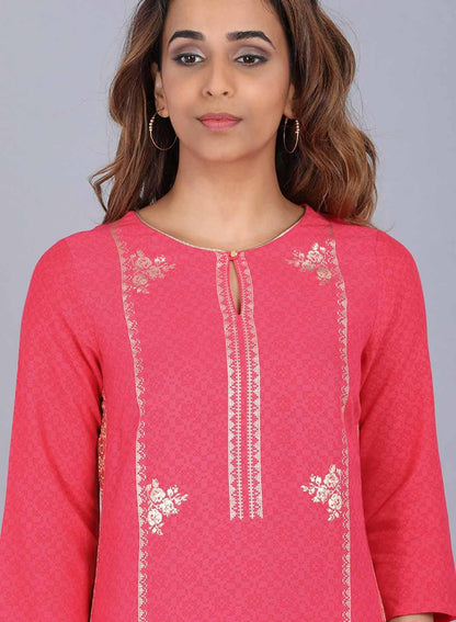 Pink Round Neck Embellished kurta - wforwoman