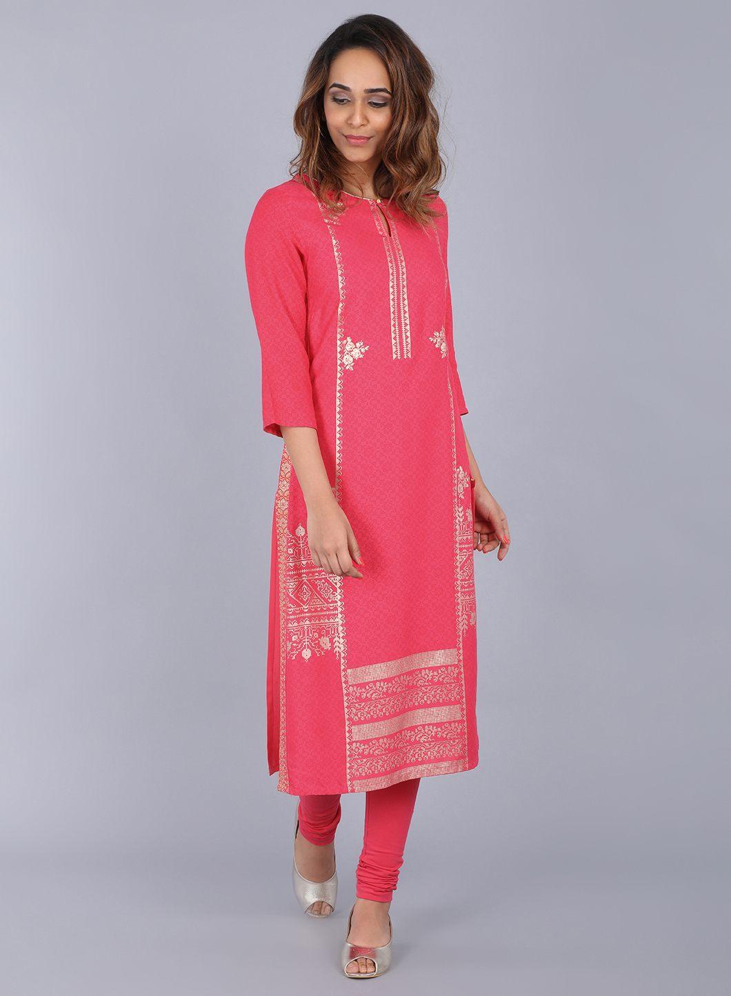 Pink Round Neck Embellished kurta - wforwoman