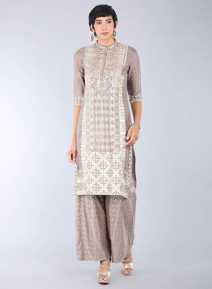 Brown Mandarin Neck Embellished kurta