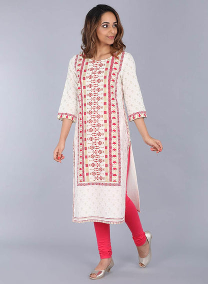 White Round Neck Printed kurta - wforwoman