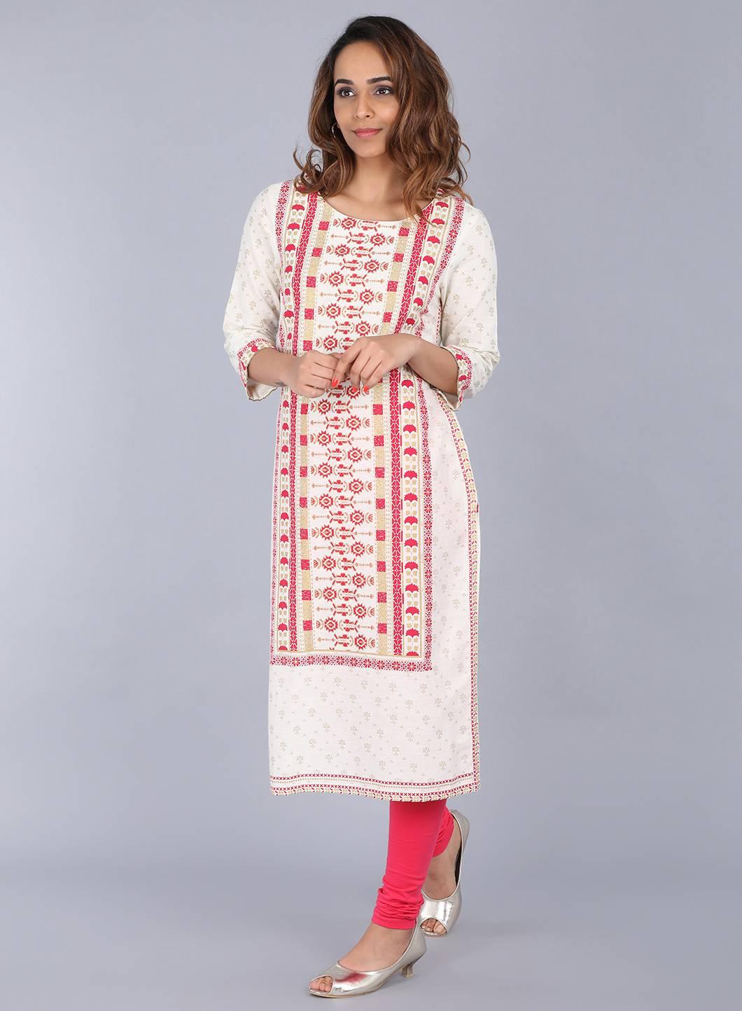 White Round Neck Printed kurta - wforwoman