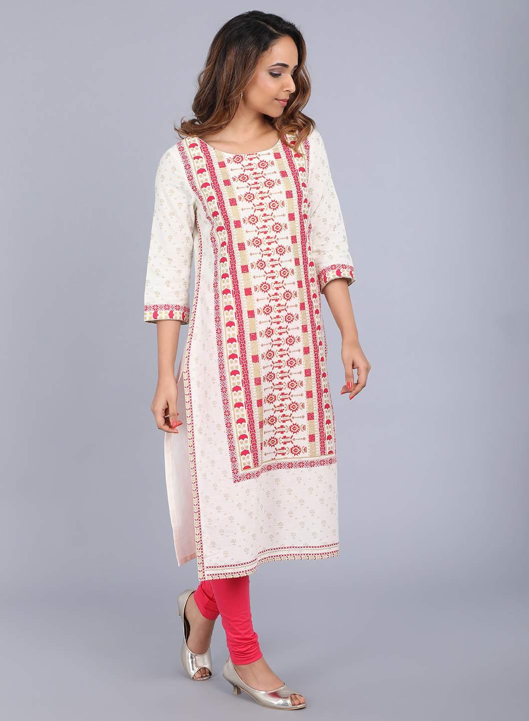 White Round Neck Printed kurta - wforwoman