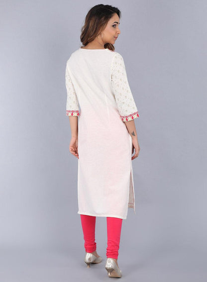 White Round Neck Printed kurta - wforwoman