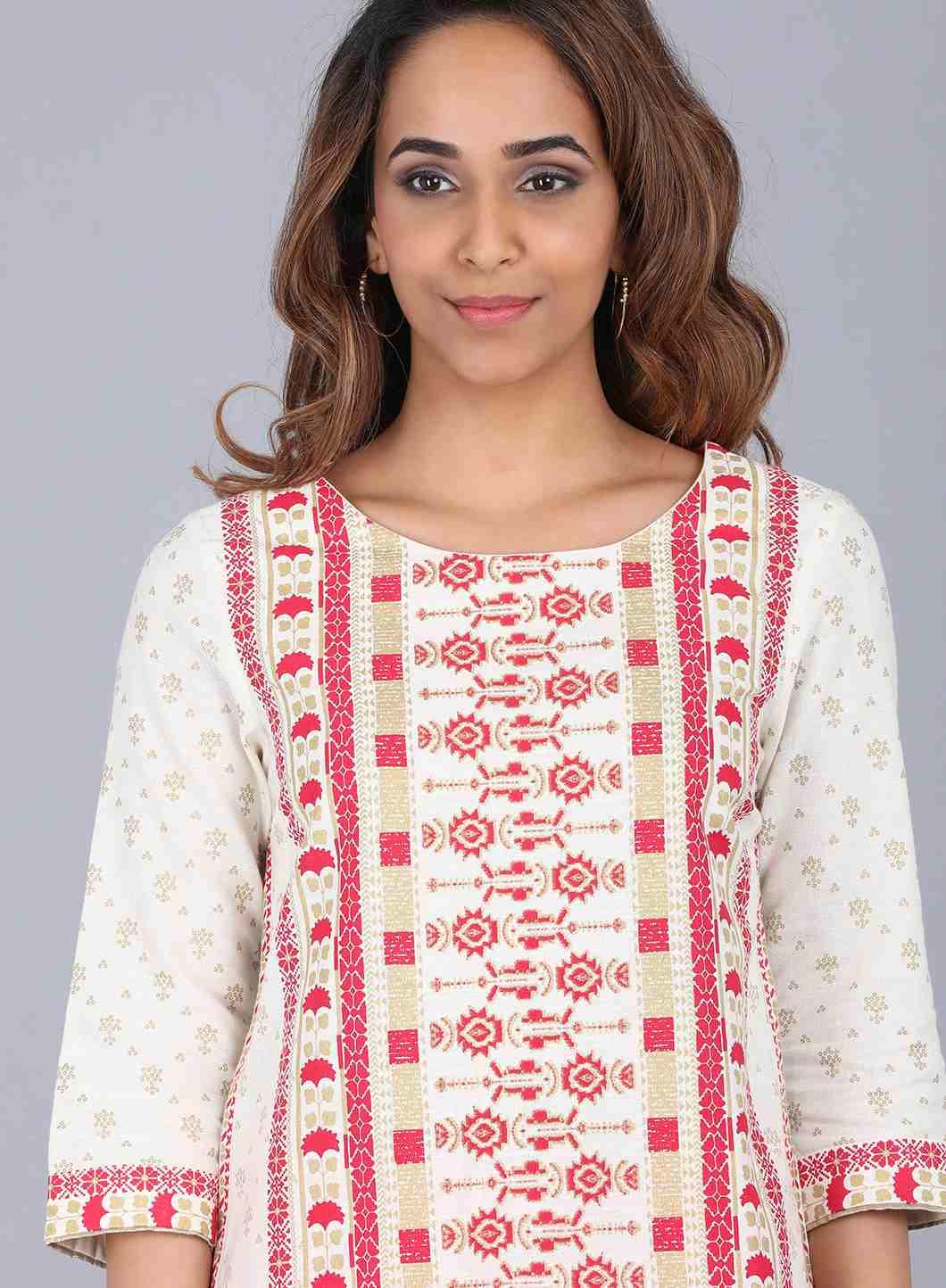 White Round Neck Printed kurta - wforwoman