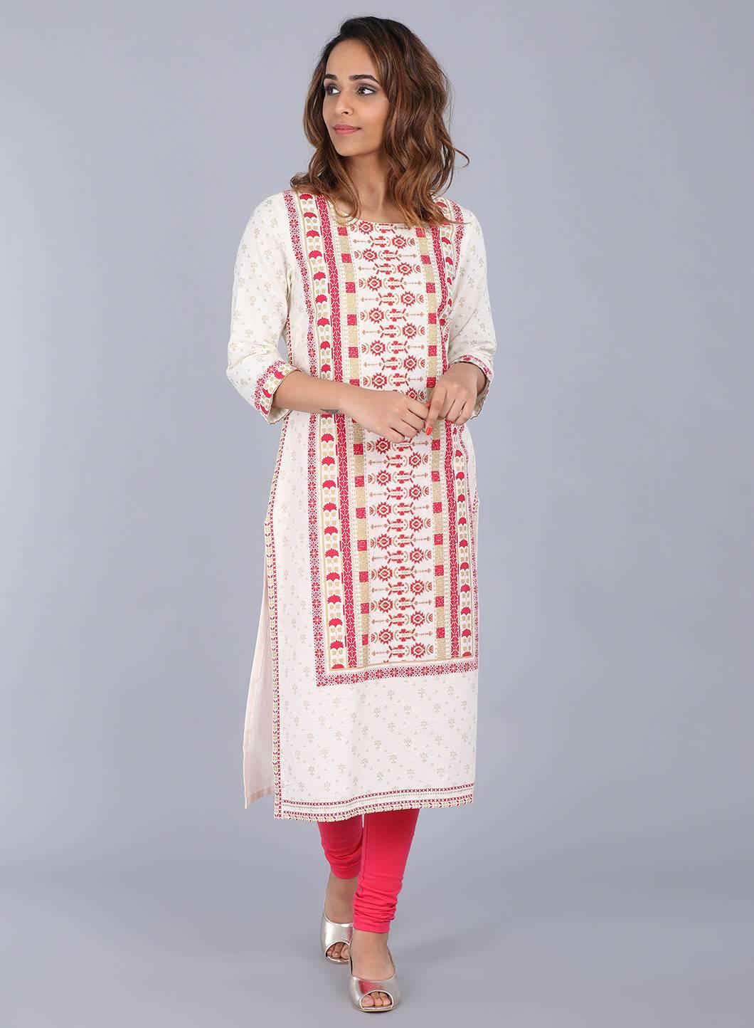 White Round Neck Printed kurta - wforwoman