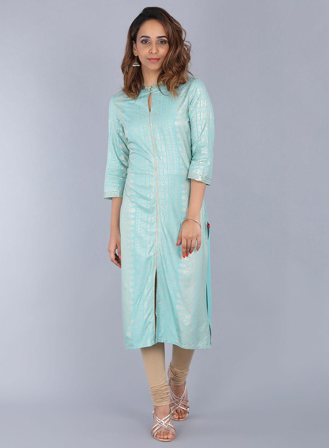 Blue Mandarin Neck Embellished kurta - wforwoman