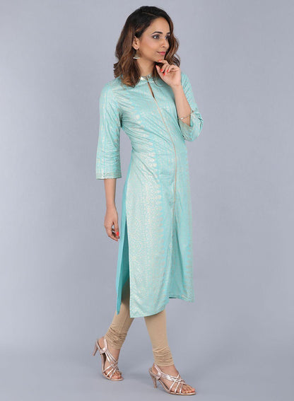 Blue Mandarin Neck Embellished kurta - wforwoman