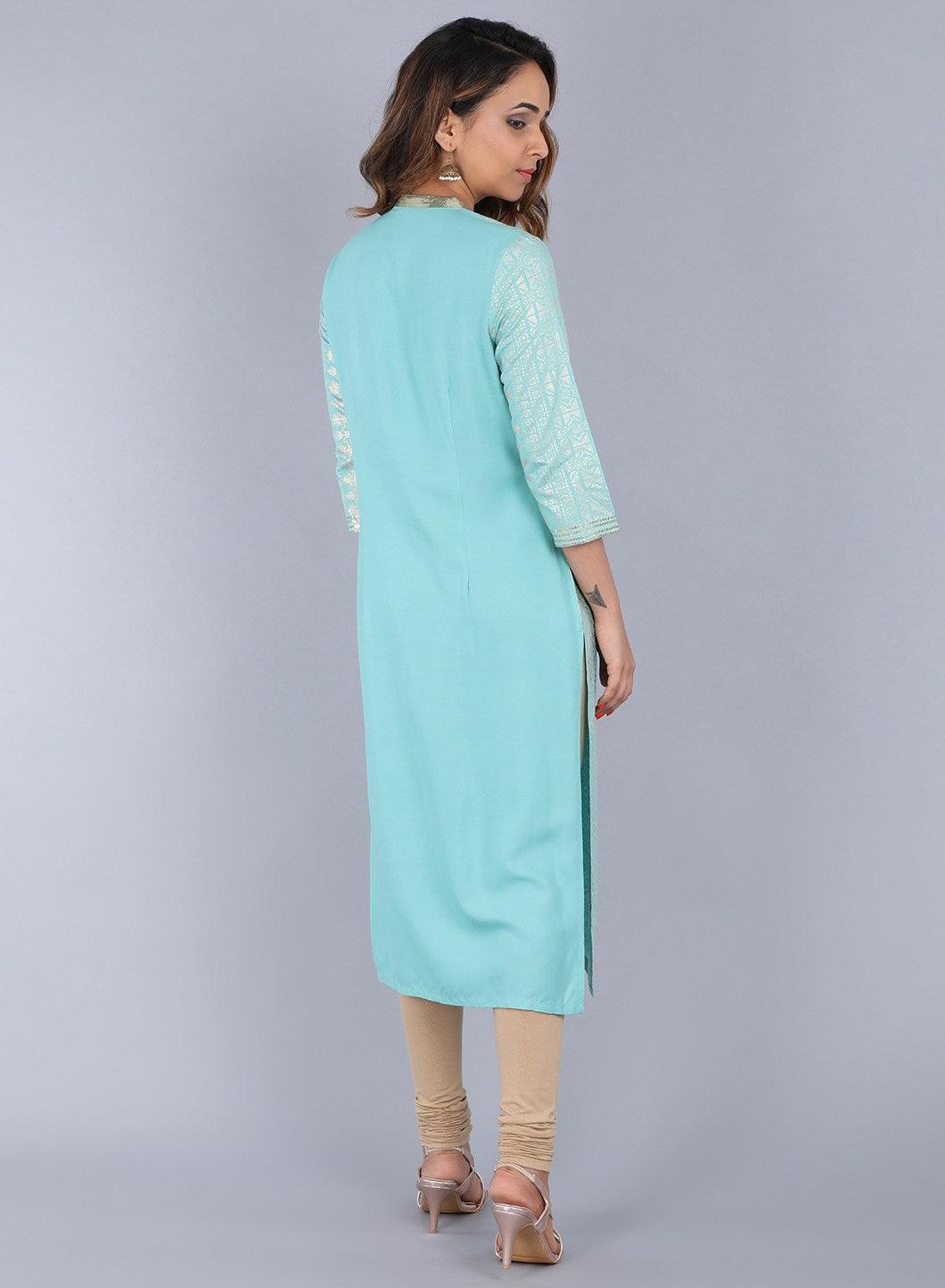 Blue Mandarin Neck Embellished kurta - wforwoman