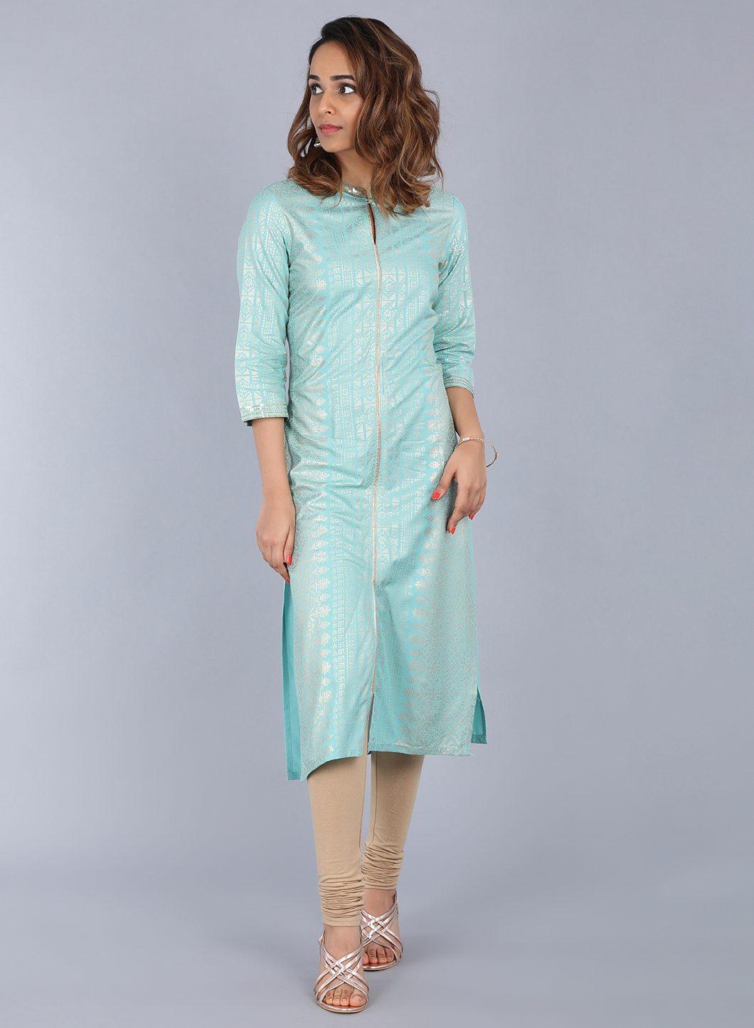 Blue Mandarin Neck Embellished kurta - wforwoman