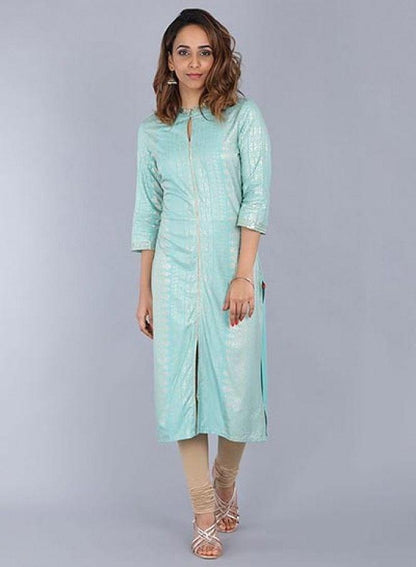 Blue Mandarin Neck Embellished kurta - wforwoman