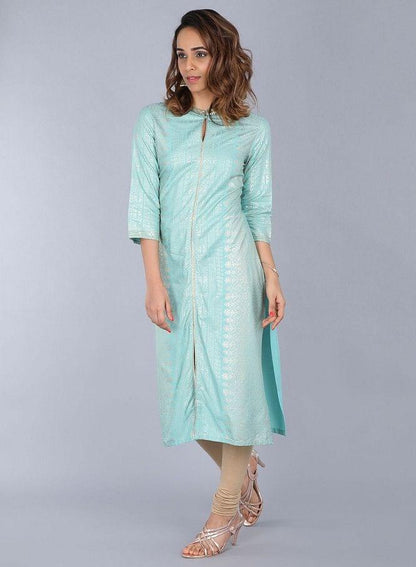 Blue Mandarin Neck Embellished kurta - wforwoman