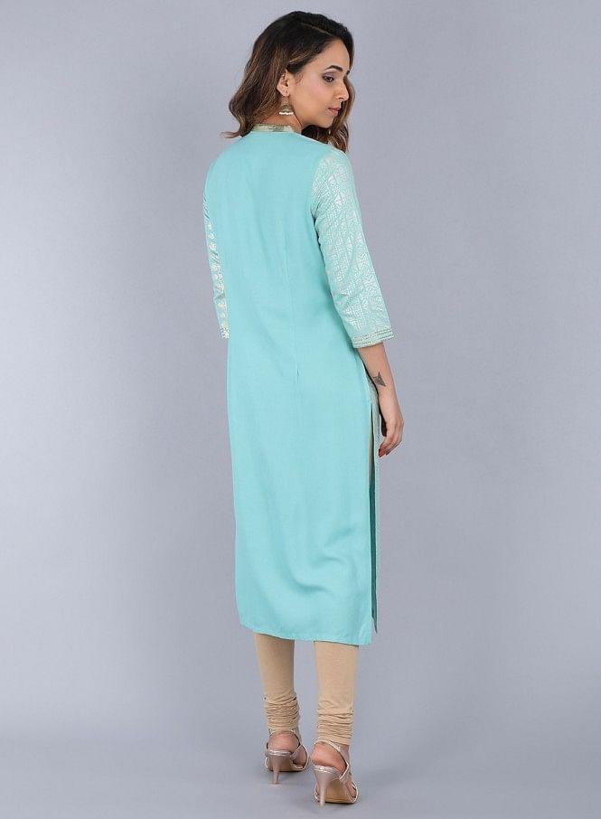 Blue Mandarin Neck Embellished kurta - wforwoman