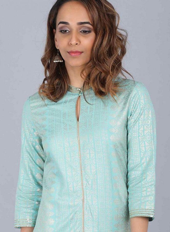 Blue Mandarin Neck Embellished kurta - wforwoman