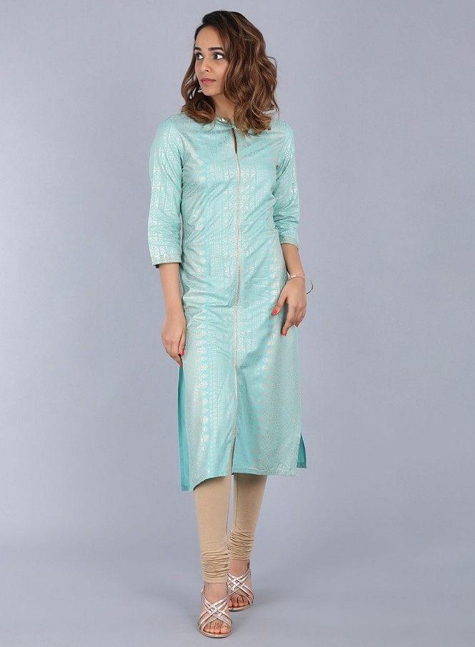 Blue Mandarin Neck Embellished kurta - wforwoman