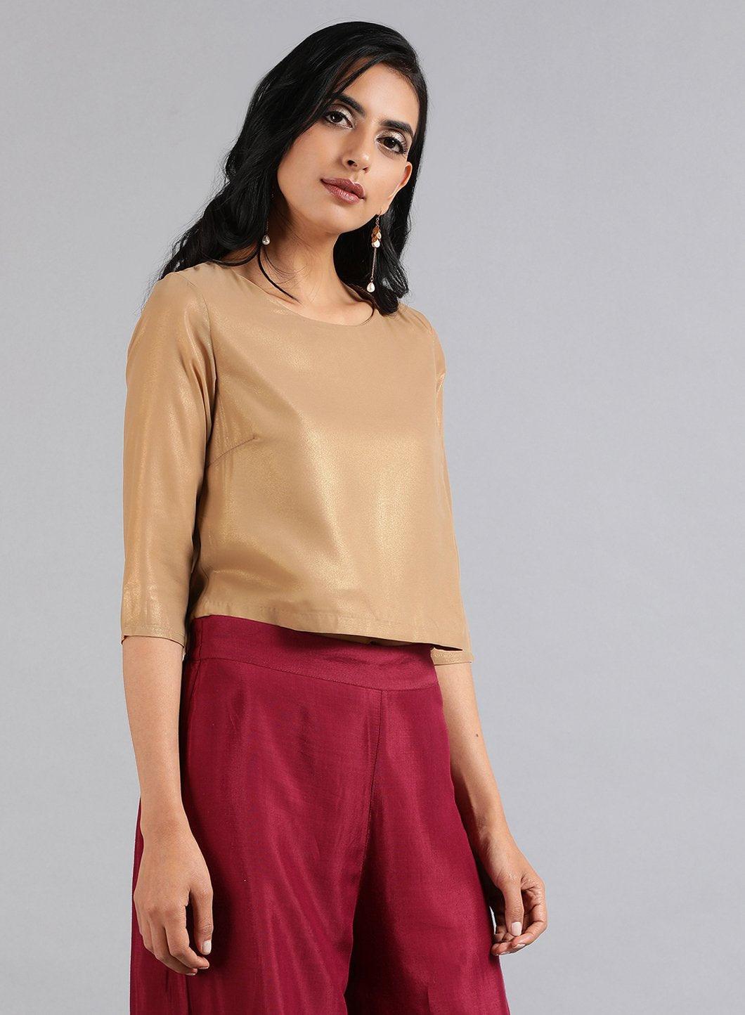 Golden Round Neck Solid Festive Top - wforwoman