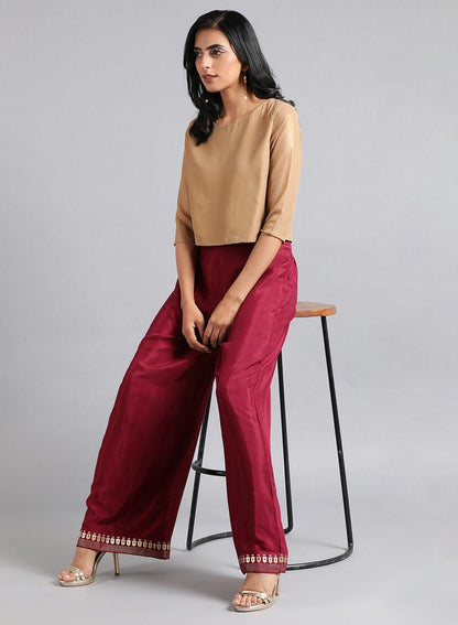 Golden Round Neck Solid Festive Top - wforwoman